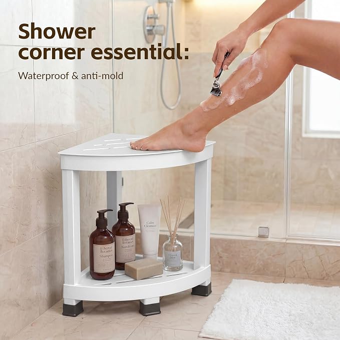 Corner Shower Shelf with 2-Tier Storage, Waterproof Bathroom Organizer, Shower Stool for Inside Shower, Small Corner Shelf with Non-Slip Feet for Bathroom, Bathtub and Living Room,White