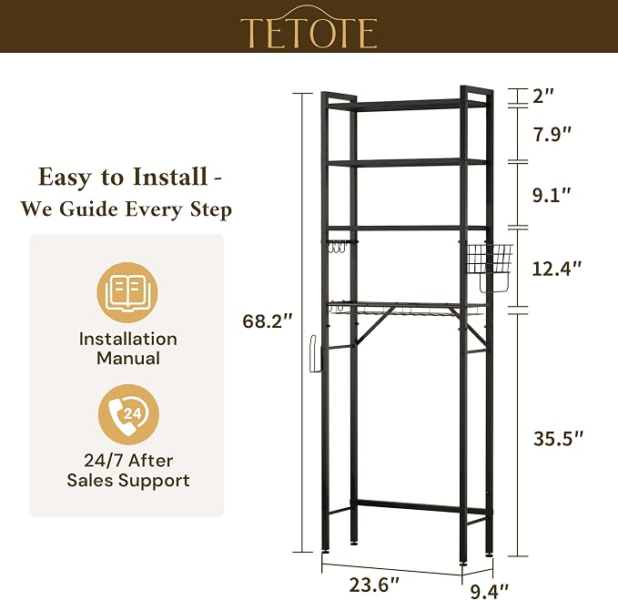 TETOTE Over-The-Toilet Storage Rack, 4-Tier Bathroom Organizer Shelf Over Toilet with Adjustable Shelf and Basket, Freestanding Space Saver Bathroom Shelves Above Toilet for Room(Black)