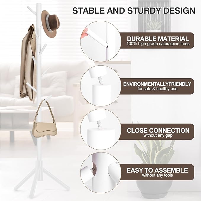 WANGMUXIA Coat Rack, Freestanding Coat Rack with 8 Hooks and 3 Adjustable Size Tree Coat Racks for Bedroom, Hallway, Entrance, Office, for Hats, Coats, Scarves, Handbags