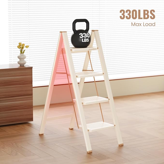 4 Step Ladder, 4 Step Stool for Adults, Folding Step Ladder with Secure Footing, Widened Pedal, Aesthetically Pleasing Looking, Blends Right into Domestic Rooms, Cream Chocolate