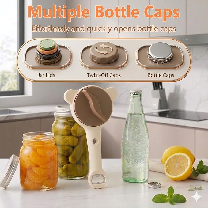 4-in-1 Jar Opener, Adjustable Bottle Lid Opener for Elderly and Arthritis Sufferers, Easy Grip for Weak Hands, Non-Slip, Effortless for Tight or Refrigerated Lids, Multi-Size for Jars Bottles(Beige)