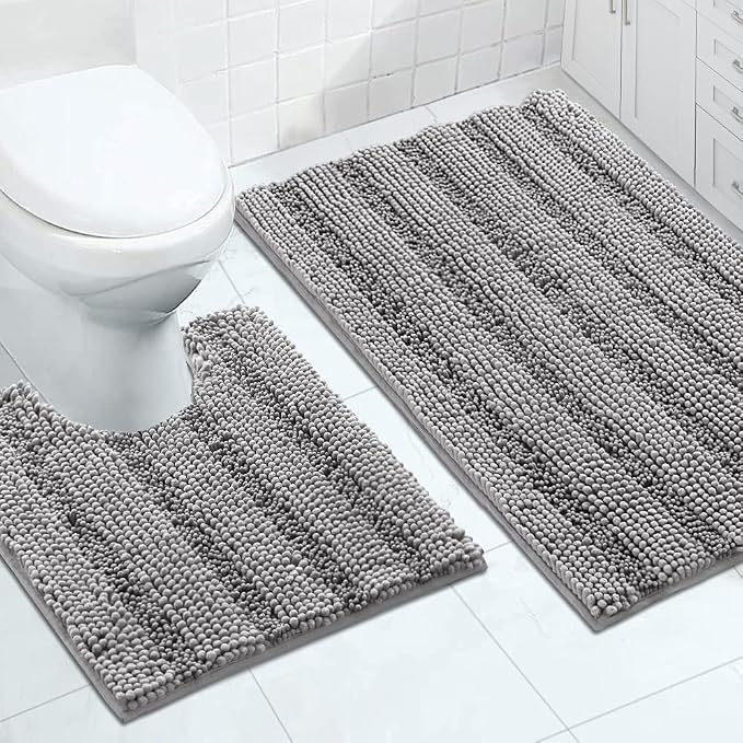 Turquoize Chenille Bathroom Rugs Set Non-Slip Bath Mats for Bathroom Super Absorbent Shaggy Rugs for Tub Shower Toilet Plush Bath Rug Plus U Contour Rug (Oversized: 24" x 36" and 20" x 24" U), Dove