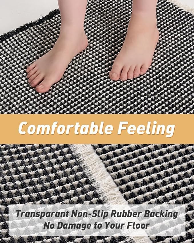 Upgraded Waffle Runner Rug, Super Absorbent Non Slip Bath Mats for Bathroom Floor, Washable Bathroom Runner Rug with Tassels, Ideal for Hallway Bedroom Laundry Room, Black & Cream, 2'x 6'(24" x 72")