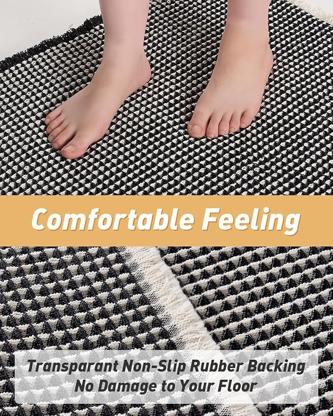 AMOAMI Upgraded Waffle Bath Mat, Super Absorbent Non Slip Bath Mats for Bathroom Floor, Washable Bathroom Rugs with Tassels, Rubber Backed Bathroom Mats, Ultra Soft, 17" x 24", Black & Cream