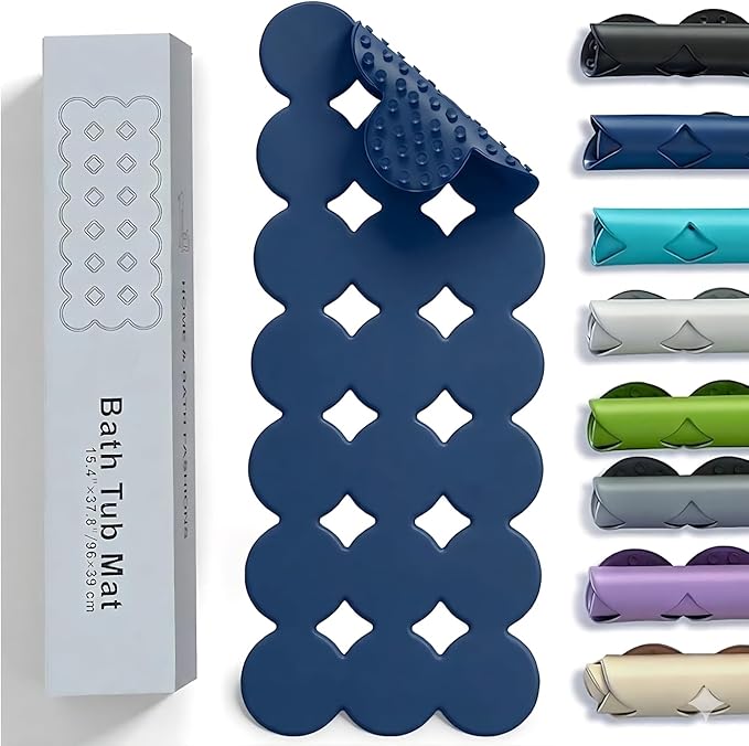 Webos Bathtub Mat Non Slip: Extra Long Rubber Bath Mat for Tub with Strong Suction Cups 15.4" x 37.8" Anti Slip Shower Mat, Big Drain Holes Bathroom Mats for Tub & Shower, Circle-Ivy Blue