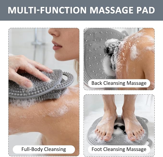 Foot Scrubber - Silicone Bath Mat for Exfoliating & Massaging Feet in Shower - Non-Slip Suction Cups, Dead Skin Remover, Callus Cleaner for Men & Women 12.6 x 10.2 inch Grey