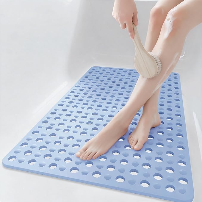 Tiamo Large Bathtub Mat 20.87" x 33.86",Non Slip Shower & Tub Mat for Elderly & Pregnant Women,Big Suction Cups,Quick Drain,Soft & Durable,Blue