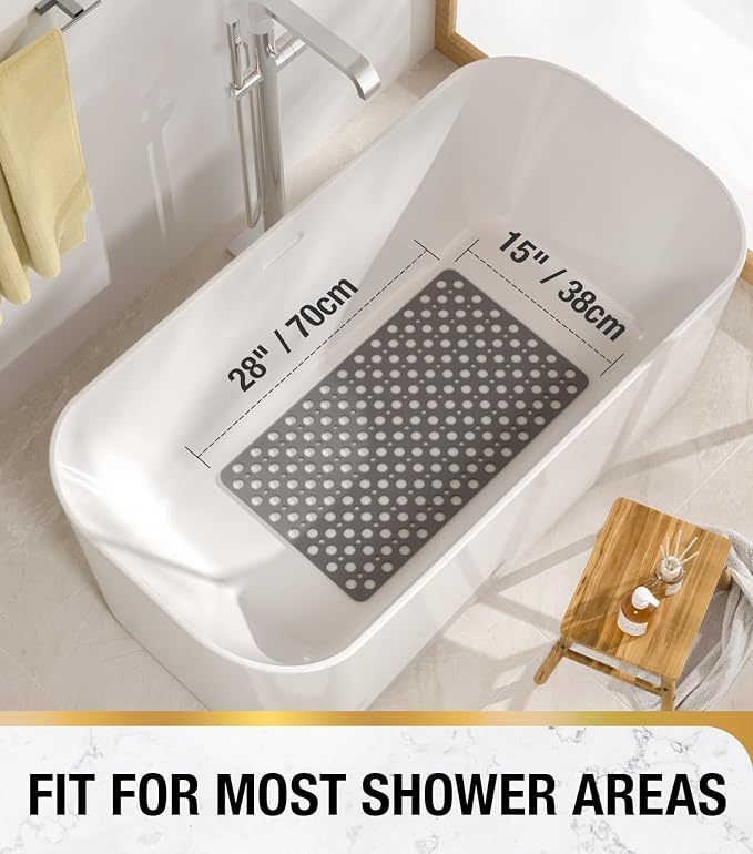 HITSLAM Bathtub Mat Non Slip, Soft TPE Bath Mat for Tub, Efficient Drainage Bathroom Shower Mat with Suction Cups, Bath Tub Mat, Easy to Clean, 28 x 15 Inch, Grey