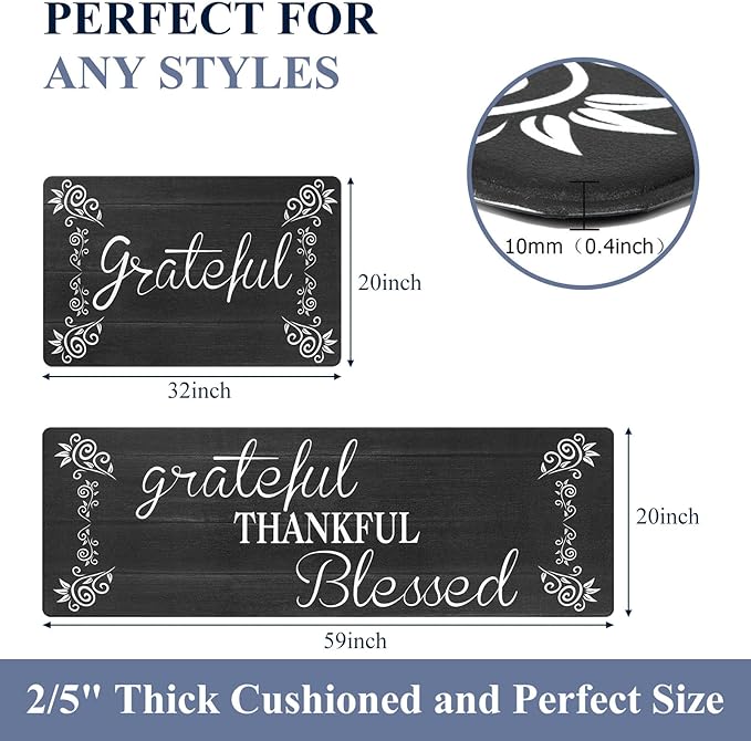 HEBE Anti Fatigue Kitchen Mat Set of 2 Non Slip Cushioned Kitchen Mats for Floor Waterproof Farmhouse Kitchen Rugs and Mats Set Comfort Standing Desk Mat Carpet for Sink,Office,Laundry