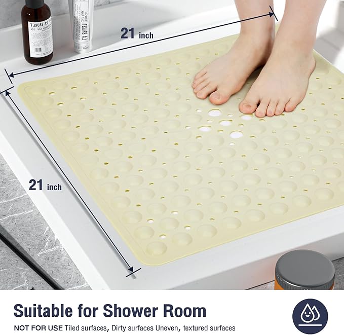 Beige Square Shower Bathtub Mat Non Slip 21x21 Inch, Soft Bath Mat for Inside Shower Tub, Shower Stall Mats for Bathroom Floor, Big Suction Cups Drain Holes, Easy Washable and Dry, BPA-Free