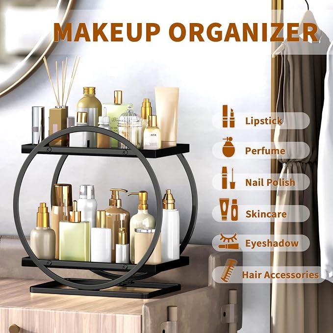 Bathroom Counter Organizer, Black Perfume Organizer for Dresser, 2 Tier Bathroom Organizer Countertop, Vanity Makeup Organizers, Skincare Display Tray for Bathroom Sink Storage