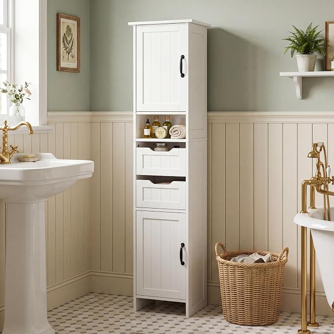 GRUSIGN 67" Tall Bathroom Storage Cabinet, Narrow Bathroom Cabinet with 2 Doors, 2 Drawers and 2 Adjustable Shelves, Slim Storage Cabinets for Kitchen, Living Room, Entryway, White