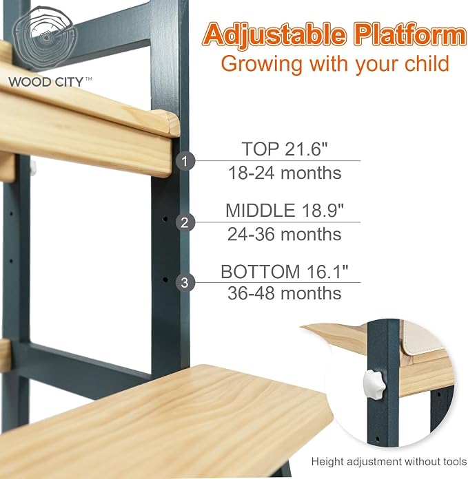 Kitchen Step Stool for Toddlers with Non-Slip Mat, WOOD CITY Wooden Kids Montessori Learning Stool Tower, Toddler Standing Tower Helper for Kitchen Counter and Bathroom Sink (Deep-Blue-Adjustable)