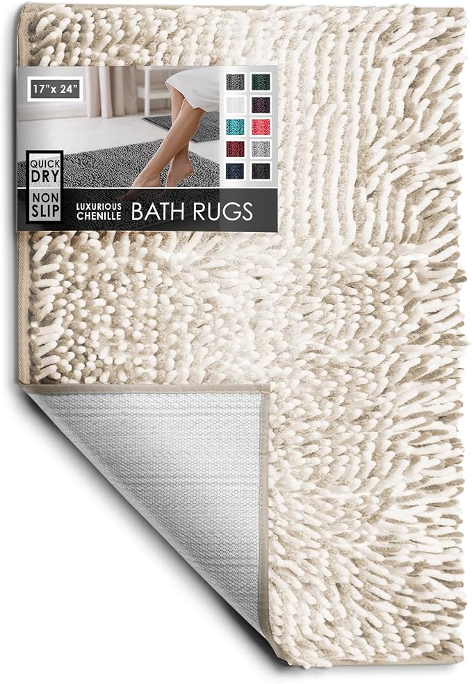 Hearth & Harbor Bathroom Rugs, Chenille Bath Mat - Machine Washable Bath Mats for Bathroom Non-Slip Backing Rubber, Quick Dry Bathroom Mat, 17 x 24 - Ombre Beige