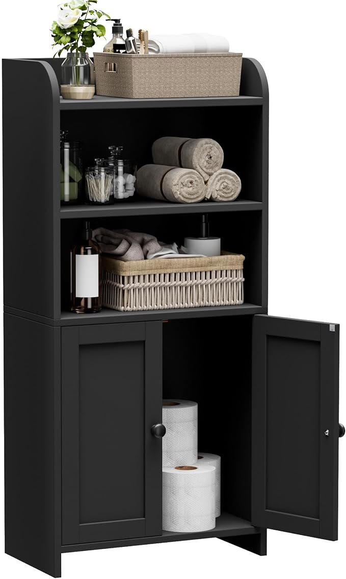 Homhedy Small Bathroom Storage Cabinet, Freestanding Toilet Paper Storage with 2 Doors and Shelves, Bathroom Organizers and Storage for Small Spaces, Laundry Room, 7.9" D x 14.6" W x 31" H, Black