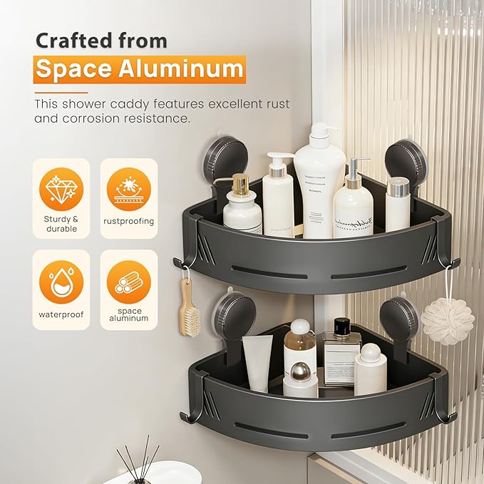 Corner Shower Caddy 2-Pack, Suction Cup Shower Organizer with Hooks, No Drilling Rustproof Aluminum Floating Wall Shelf, Gun Grey, Triangular (Triangular)