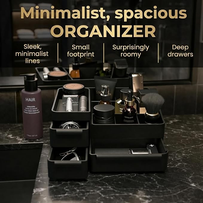 Mens Countertop Organizer for Cologne: Vanity Organizer With Drawers, Bathroom Counter Organizer for Razor, Shaving Lotion, Skincare, Deodorant, Fathers Day Gift for Dad