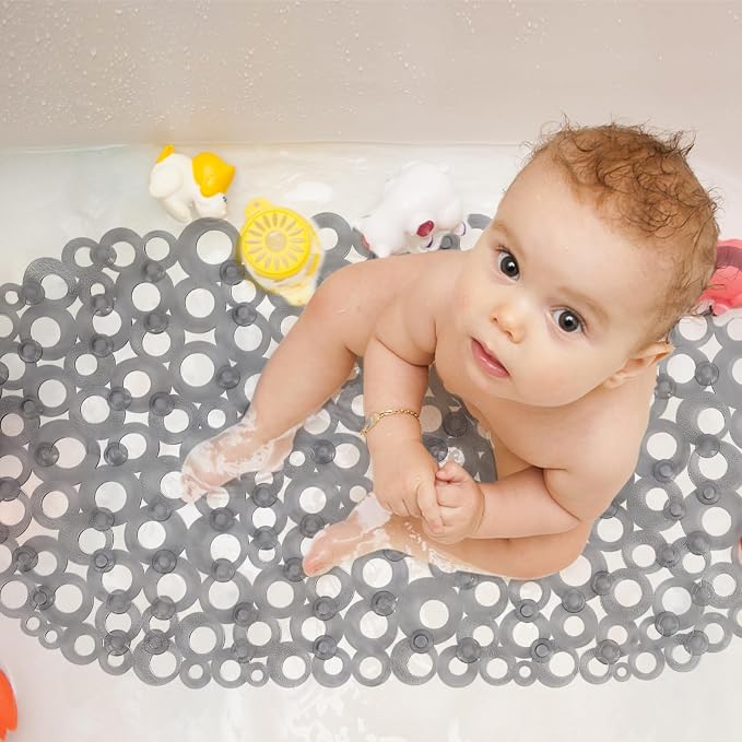WELTRXE Oval Bathtub Mat Non Slip, Grey Bubbles Bath Mats for Tub, Shower Mat with Drain Holes, Suction Cups, Machine Washable Bath Tub Mat, BPA, Latex, Phthalate Free for Bathroom, 27 x 14 Inch