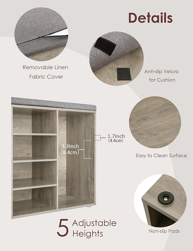 DINZI LVJ Shoe Storage Bench with Cushion, 14-Cubby Shoe Rack, Adjustable Shelves, Multifunctional Shoe Organizer Bench for Entryway, Mudroom, Hallway, Living Room, Bedroom and Garage, Gray Wash