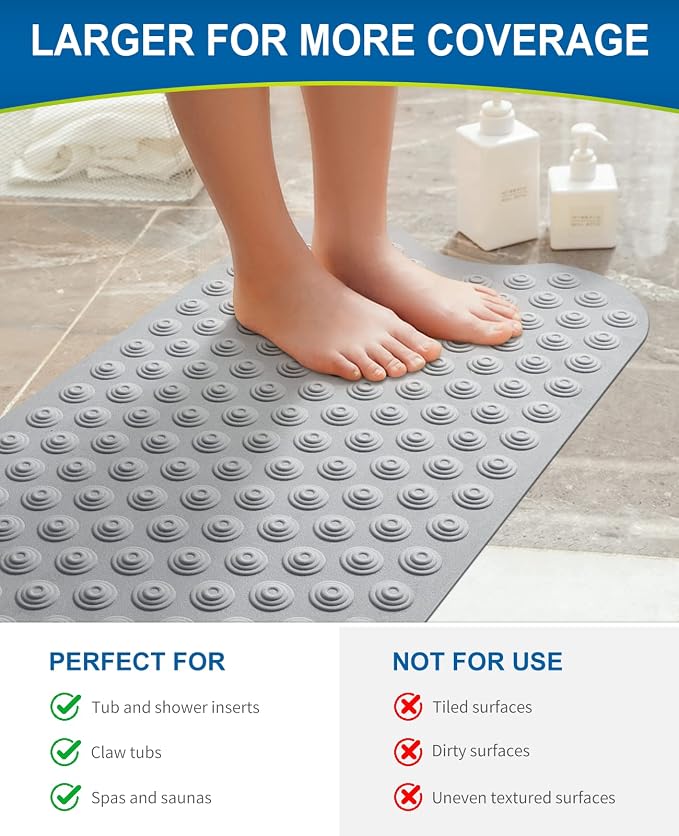Bligli Bathtub Mat Non-Slip Without Suction Cups, 39x16inch Extra Long Bath Mats for Shower Bathroom, Machine Washable Natural Rubber Shower Tub Mat (39x16inch, Gray)