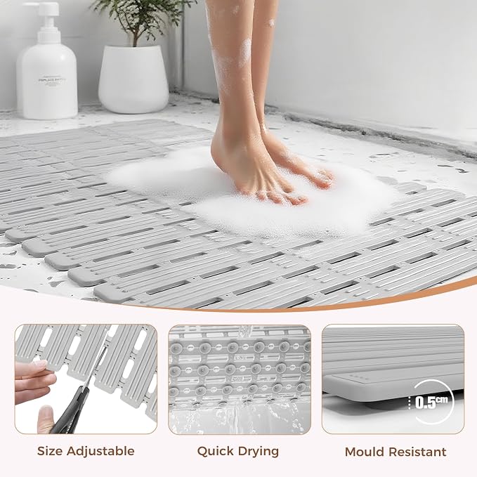 Bathtub Mat Non Slip for Bathroom with Suction Cups and Drain Holes 35.4 * 15.7 Shower Mat for Inside Shower, Quick Dry Bath Mat for Baby Kids Seniors Pregnants Adults, Easy to Cut, Easy Dry