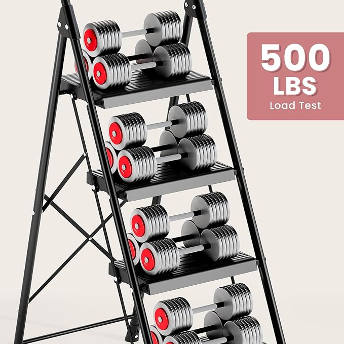 TOOLF 4 Step Ladder Folding Step Stool with Handrail, Heavy Duty Steel Ladder, Anti-Slip Wide Steps, Safe Lock, Portable Ladder for Home Kitchen Garage, Black