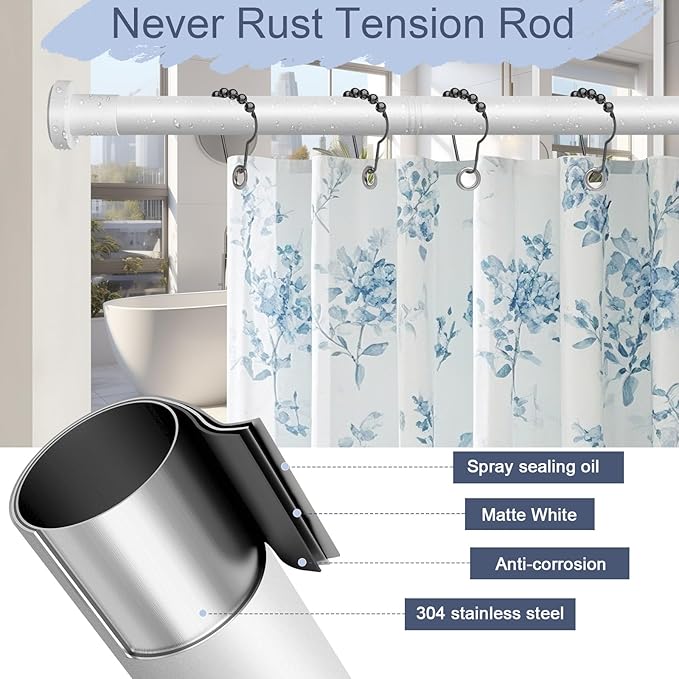 YNL White Shower Curtain Rod 32-94 Inch(2.7-7.8ft), Non-Slip, Never Rust, Stainless Steel No Drill Spring Tension Shower Rod, Adjustable Long Curtain Rod for Bathroom Window Patio