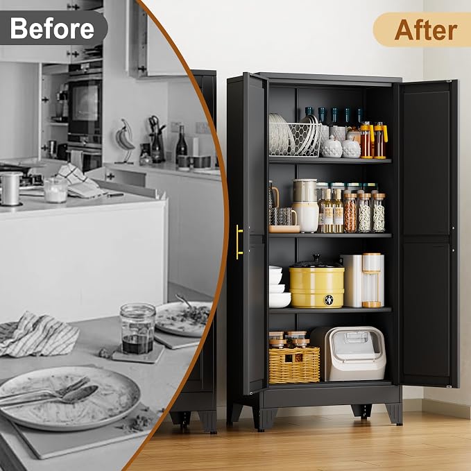 61" Black Metal Garage Storage Cabinet with 2 Doors and 3 Adjustable Shelves,Kitchen Pantry Cabinet,File Cabinet,Steel Tool Cabinet for Home,Office,Garage,School,Warehouse
