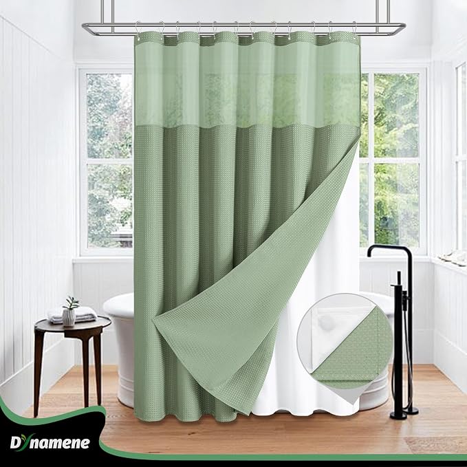 Dynamene Fabric Shower Curtain with Snap in Liner, Sage Green Waffle Hotel Shower Curtains for Bathroom, Washable Waterproof Cloth Shower Curtain Liner Set with Plastic Hook, Mesh Top Window, 72x72