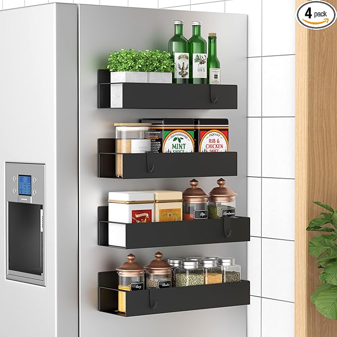 HuggieGems 4 Pack Magnetic Spice Storage Rack Organizer for Refrigerator and Oven, Matt Black Fridge Organizers and Storage