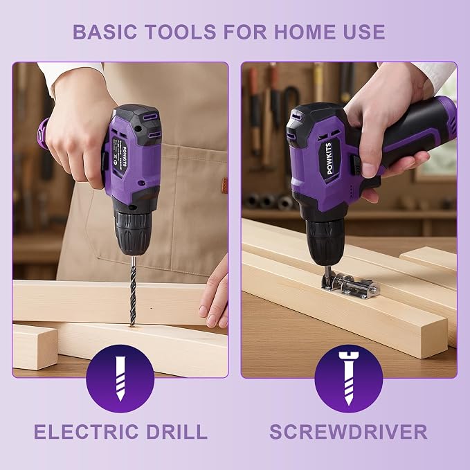 8V Cordless Drill, Purple Power Drill with Drill & Screw Bits Set, 3/8" Keyless Chuck, Rechargeable Electric Drill Tool Kit for Home Repairs, DIY,139PCS Tool Set for Women & Men