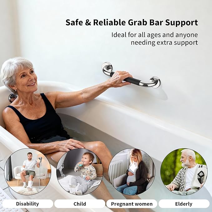 Shower Grab Bar 12 Inch, iMomwee Stainless Steel Bathroom Grab Bar w/Anti-Slip Silicone Grip, Wall Mounted Safety Handrail for Senior, Handicap Bars Balanced Support Handle for Elderly