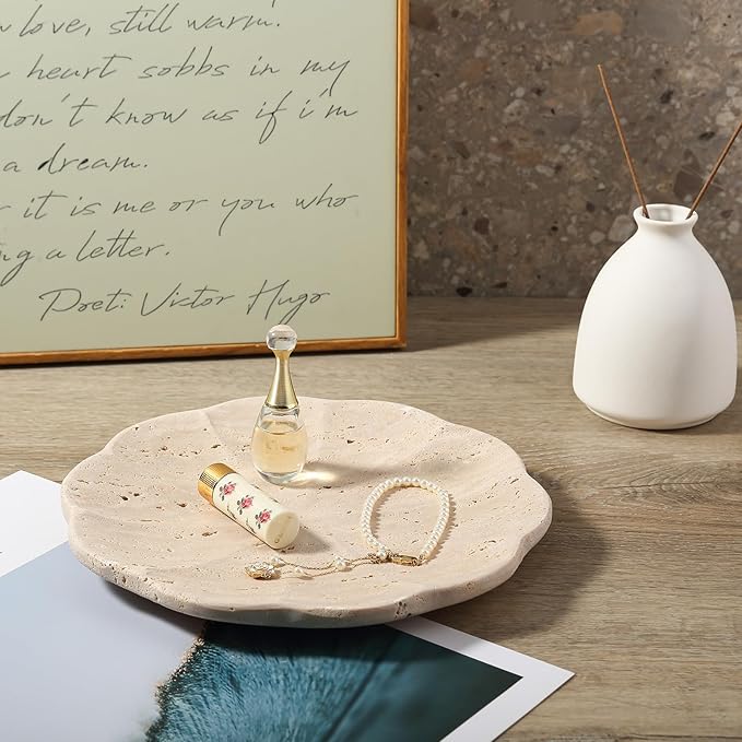 Koville Travertine Tray, 8" Round Marble Vanity Tray for Jewelry Trinket Perfume, Natural Stone Tray for Bathroom Kitchen Dresser Countertop, Scalloped Decorative Tray for Home Table Decor(Beige)