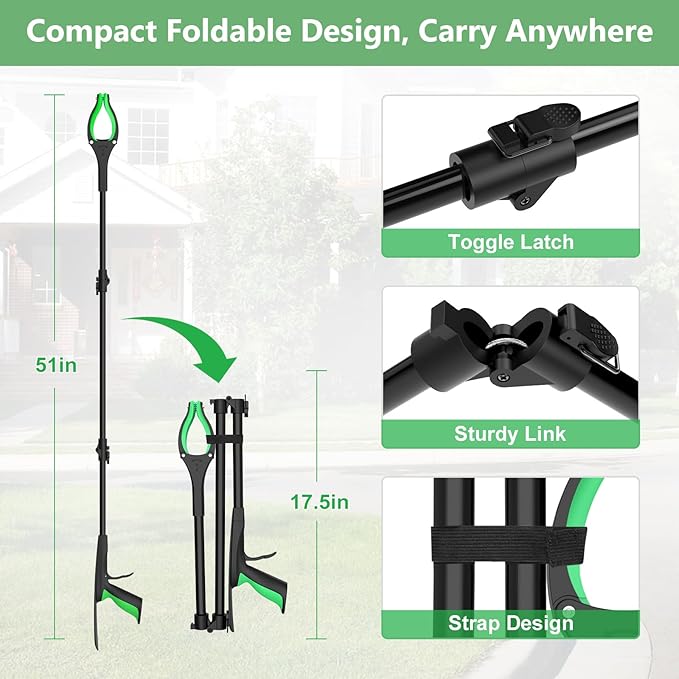 51" Heavy Duty Grabber Reacher Tool, Black & Green | For Seniors/Disabled/After Surgery Recovery, Extra Long Foldable, With Shoehorn, 360° Rotating Anti-Slip Claw, Magnetic Tip