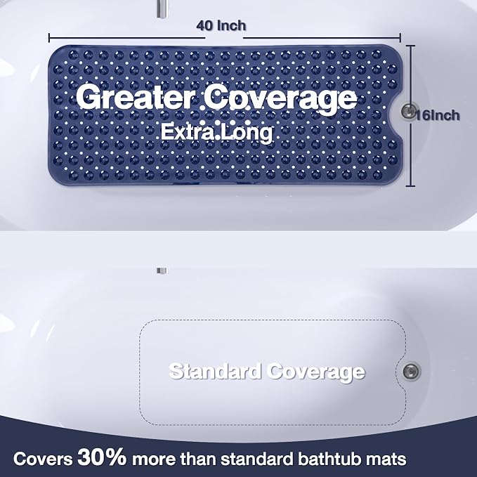 Extra Long Bathtub Mat Non Slip, Navy Blue Soft Bath Mat for Tub 40 x 16 Inch Full Size, Bath Tub Shower Mats for Bathroom Floor, Big Suction Cups and Drain Holes, Easy Washable, BPA Free