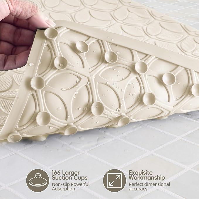 Bathtub Mat Non Slip with Suction Cups - 100% Rubber Bathroom Mat Textured for Bath Tub Shower Safety - Soft on Touch - BPA/PVC Free - Pet Dog Bath Mat - Machine Washable - 16 × 28 Inch（Beige）