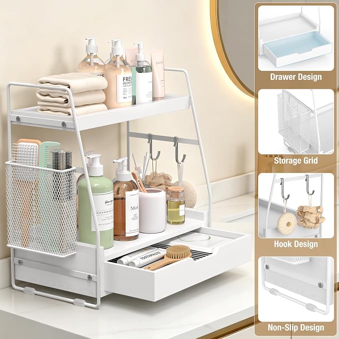 2-Tier Bathroom Counter Organizer with Drawer and Removable Basket, Wood Vanity Countertop Storage for Perfume, Makeup, Skincare, Bathroom Counter Shelf, 13" x 7.9" x 14.5", White