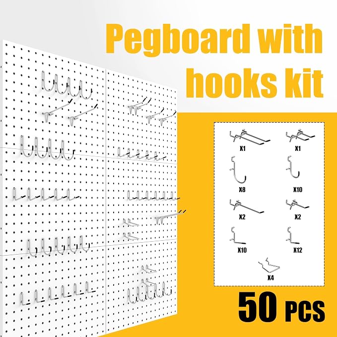 Spampur Peg Board, 6 Pack Metal Pegboard Panels White Pegboards Wall Organizer with 50 Hooks, Heavy Duty Peg Board for Walls Home, Garage Tool Storage, Office Organization, Craft Room, Kitchen