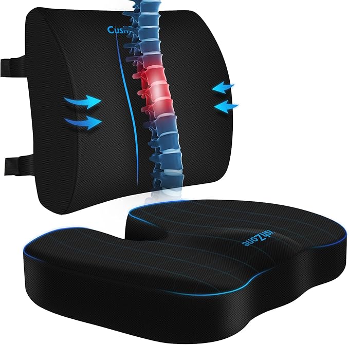 CushZone Ergonomic Seat Cushion & Lumbar Support Pillow - Memory Foam for Sciatica Pain Relief & Posture Correction, Non-Slip Chair Cushions for Office Chair/Car/Wheelchair/Travel (Black)
