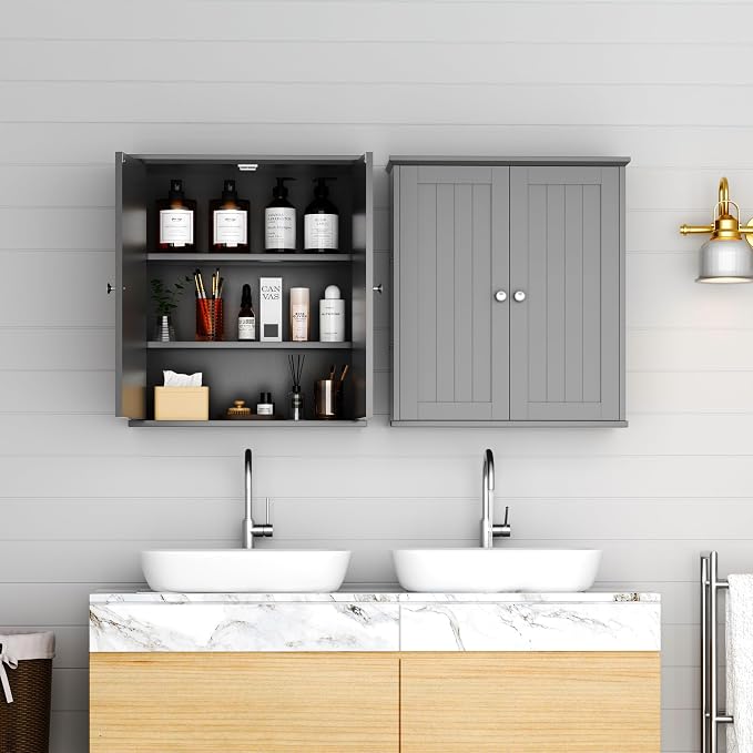 Shintenchi Bathroom Wall Medicine Cabinet with 2 Door, Bathroom Storage Organizer Over The Toilet,Space Saving Storage with 3-Tier Shelves,Gray