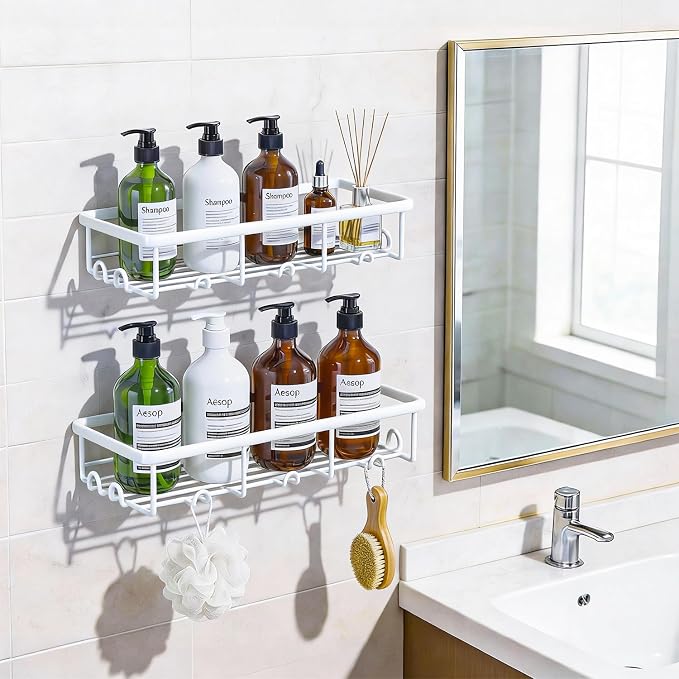 White Shower Caddy Organizer, 2 Pack Adhesive Shampoo Holder Basket Shelves for Storage and Organization, Wall Suction Bath Bathtub Rack Set for RV Camper, Bathroom Restroom Decor and Accessories