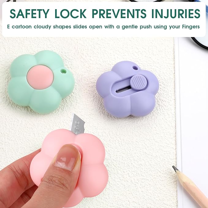 Cute Retractable Box Cutters Flower Shaped Mini Box Cutters Utility Knives Art Cutter Package Opener Tool for Office, Home, DIY Crafts (Purple&Green&Pink)