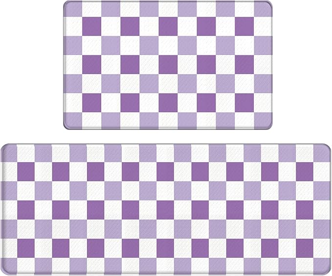 Bulijojo Purple Plaid Anti Fatigue Kitchen Floor Mats Set of 2 Waterproof Kitchen Sink Runner Rug Standing Mat Cushioned Kitchen Rugs Comfort Doormat 17"x47"+17" x30“