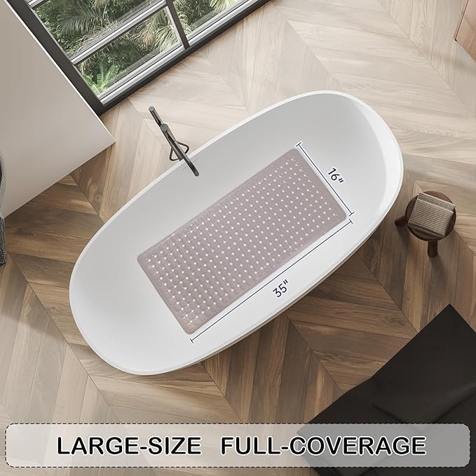 Non-Slip Bathtub and Shower Mats, Power Grip Bath Mat 35 x 16.3 Inch with Suction Cups and Drain Holes for Tub Bathroom Floor Safety, Machine Washable Soft Bathmat, Tan