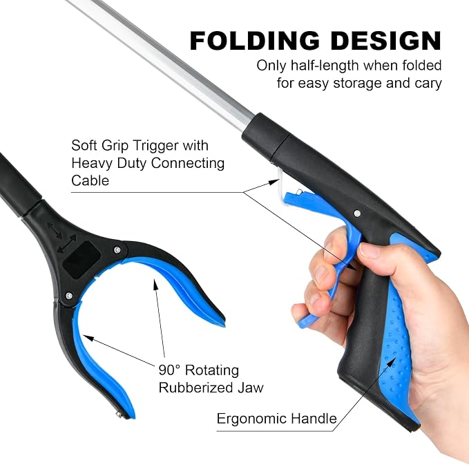 6-Pack 32" Grabber Reacher Tool, 360° Rotating Head, Wide Jaw, Foldable Reacher Grabber Pickup Tool,Anti-Slip Rotating, 4" Wide Claw Opening Grabbers for Seniors (Blue)