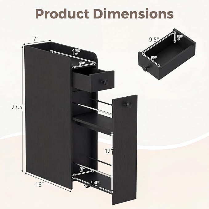 COSTWAY Slim Bathroom Cabinet, 7" Wide Space-Saving Storage with 2-Tier Slide-Out Drawer, Shelf & Toilet Paper Holder, Freestanding Narrow Organizer for Bathroom, Laundry & Small Spaces (Black)