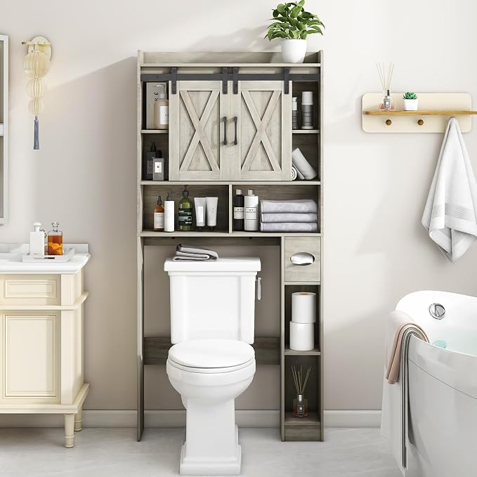 Vabches Over The Toilet Storage Cabinet, Farmhouse Storage Cabinet Over Toilet with Sliding Door& Toilet Paper Holder Stand，Home Space-Saving Toilet Rack, for Bathroom, Restroom, Laundry