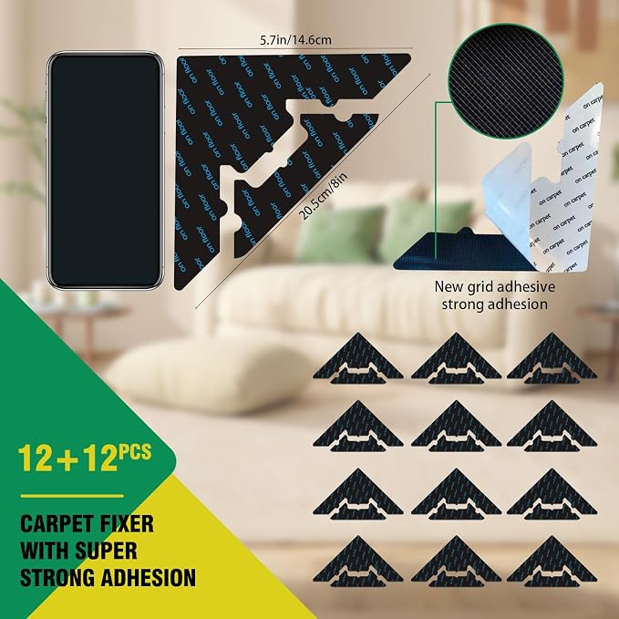 24 Pcs Large Non Slip Rug Pads Carpet Tape for Hardwood & Tile,No Residue | Reusable Extra Thick Double Sided Adhesive,Secures Area Rug Corners,Fits Laminate Carpet Floors,Rug Stickers,No Damage