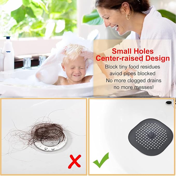 Hair Drain Catcher,Square Drain Cover for Shower Silicone Hair Stopper with Suction Cup,Easy to Install Suit for Bathroom,Bathtub,Kitchen 4 Pack (Jet Black)