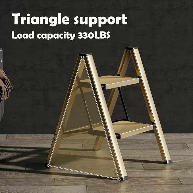 HillhutApex 2 Step Stool, Aluminum Foldable Step Ladder, Lightweight Stable Stool with Wide Non-Slip Pedals, 330lbs Bearing Capacity Ladder for Office,Home,Kitchen - Gold